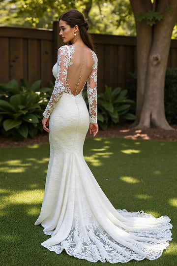 Lace Mermaid V-Neck Court Train Ivory Wedding Dress with Lace